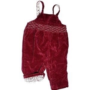 Vintage Janie and Jack Baby Girls Burgundy Velvet Overalls With Smocking & Flora